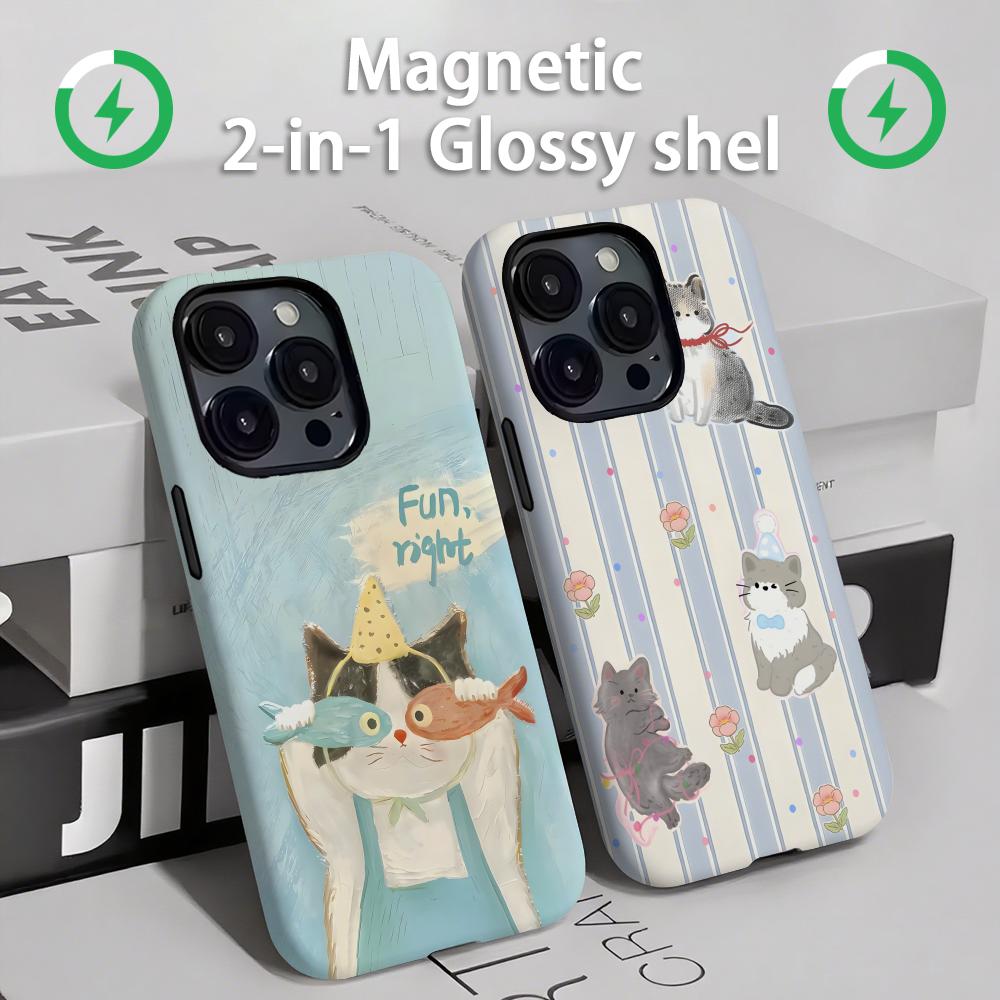 Apple Iphone 16 - แมวและสุนัขน่ารักเคสโทรศัพท์แม่เหล็ก 2-in-1 Glossy SHELL สําหรับ iPhone