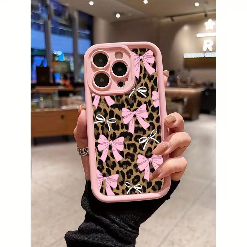 Apple Iphone 16 - เคสโทรศัพท์ลายเสือดาวพร้อมโบว์สำหรับ iPhone 18 17 16 15